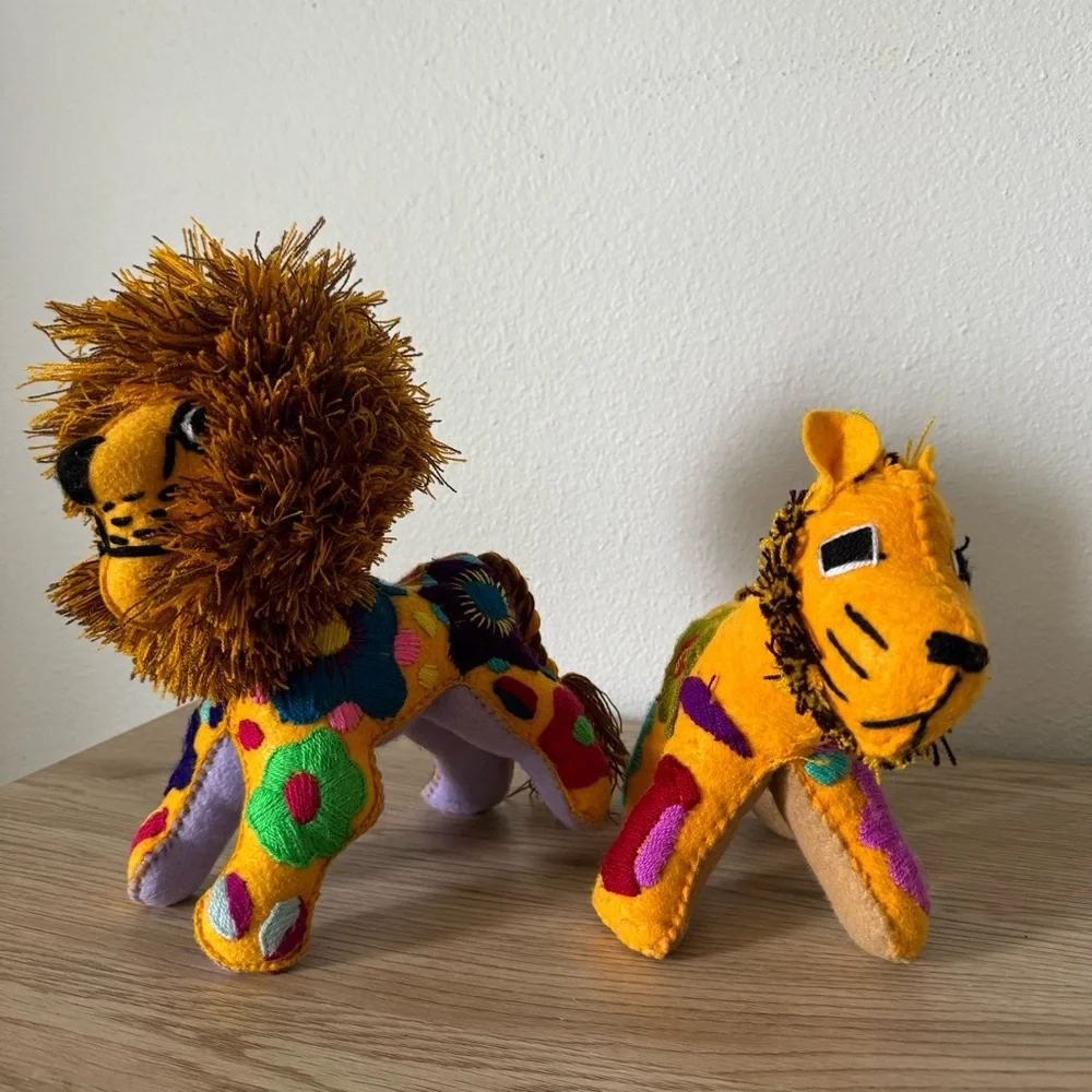 Mexican Folk Art Handmade Lion &‎ Cub Colorful Stuffed Animals Embroidered Plush